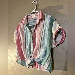 Thread and Supply Crop Front Tie Shirt. Size Lrg. Linen Strips.